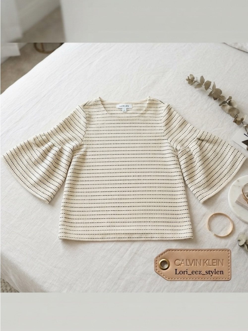 Calvin Klein Cream and Black Striped Bell-Sleeve Tunic